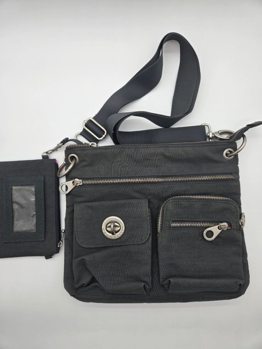 Baggallini Gray Nylon Double Pocket Crossbody Bag with Detachable Pouch